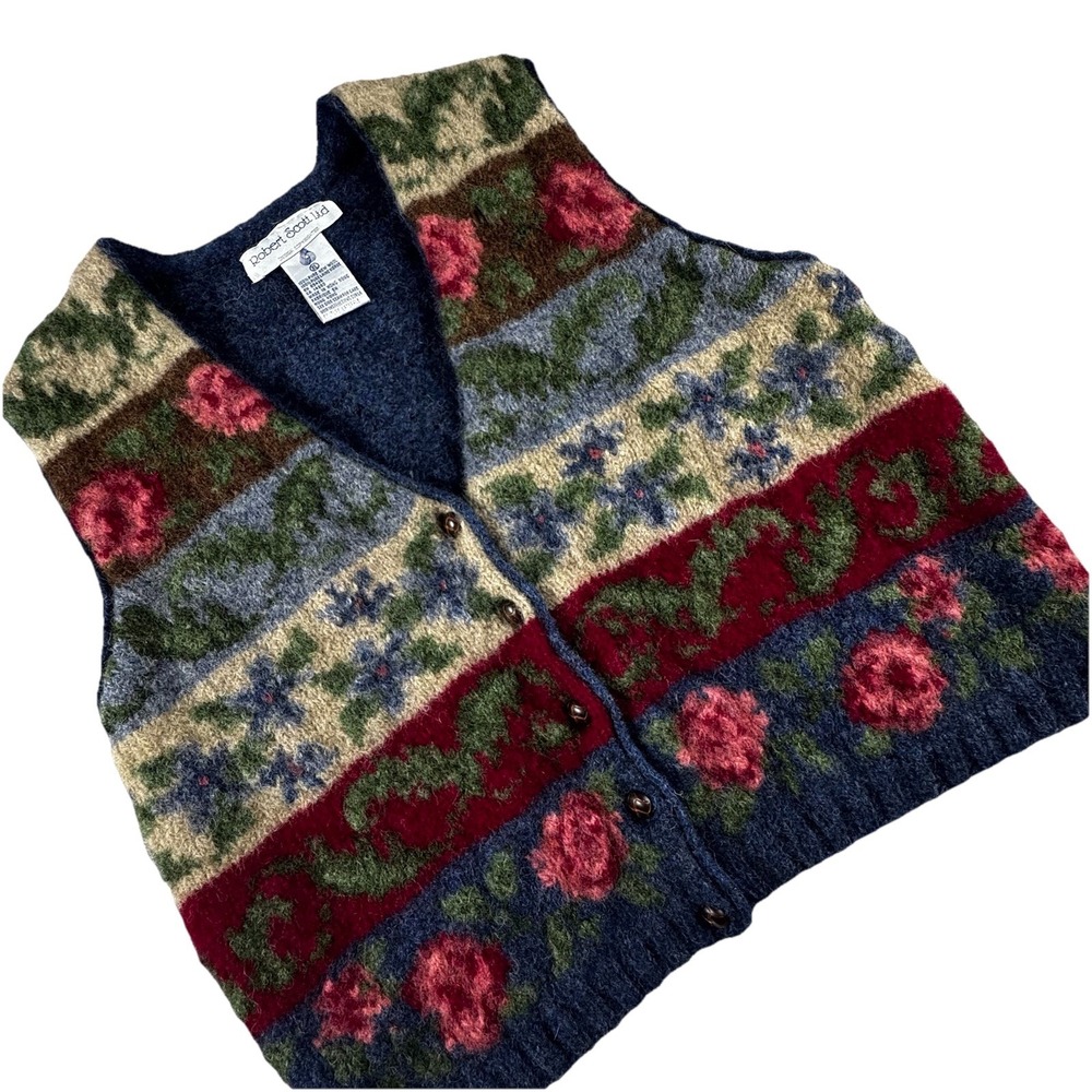 Vintage Robert Scott‎ Ltd Pure Wool Vest Womens XL Blue Floral Cottagecore